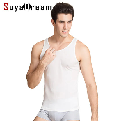 Men Tank Tops 100%Real Silk Solid Tanks for Men O Neck Vest