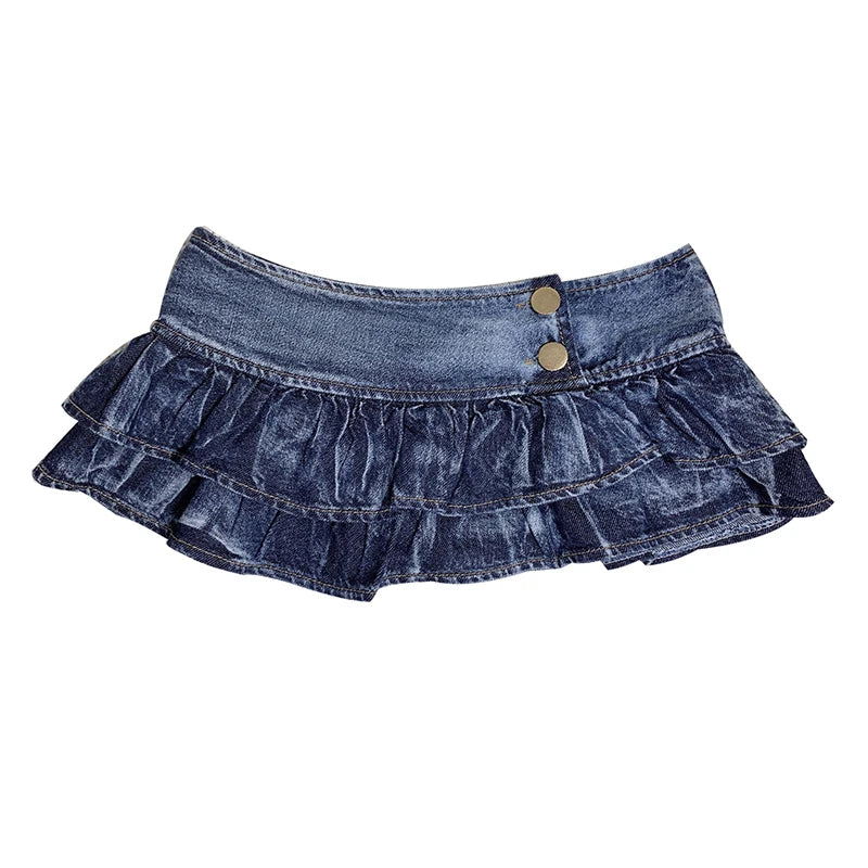 Japanese Girl Pleated Super Mini Denim Skirts Low Waist a Line Bud Skirt