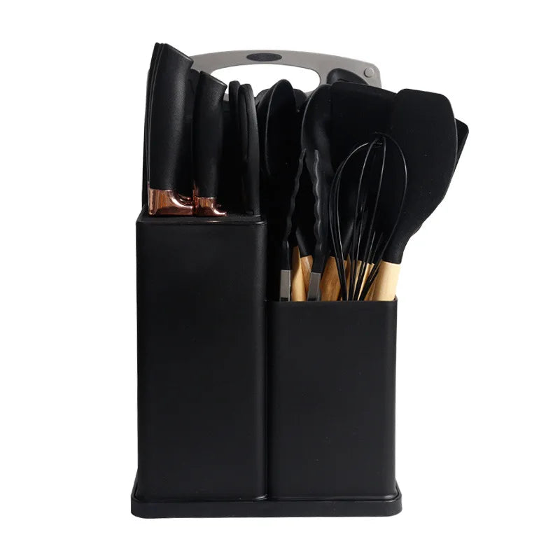 Hot 19-Piece Silicone Kitchen Utensils Set With Wooden Handle Knife Combination