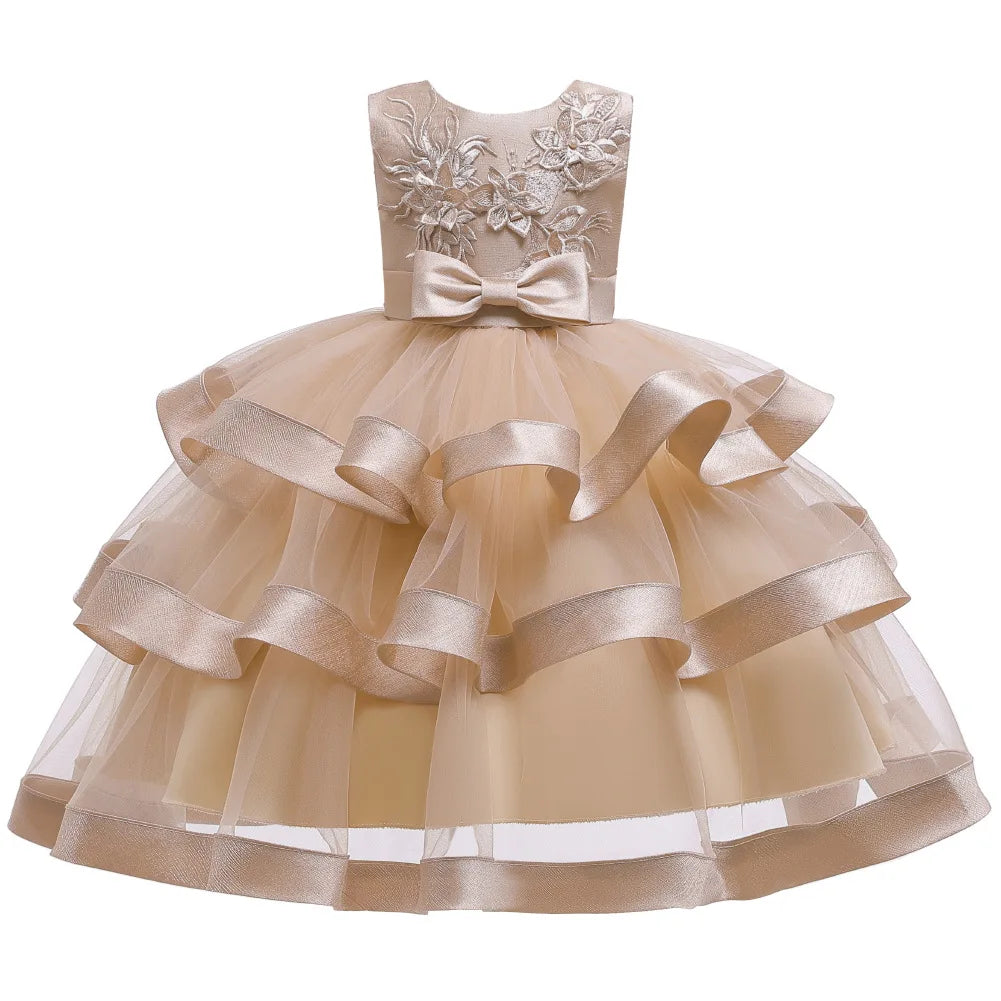 Embroidered Flower Girls Dress Sleeveless Layered Tutu Elegant Girls Dresses