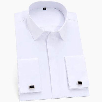 Men's Classic French Cuffs Solid Dress Shirt Fly Front Placket Formal Business