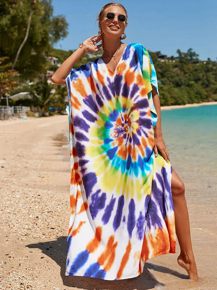 2023 Multicolored Kaftan Bohemian Printed V-Neck Batwing