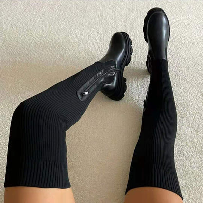 QC Thick Soled Over the Knee Boots Women Shoes Elastic Knit Wool Thigh Boots