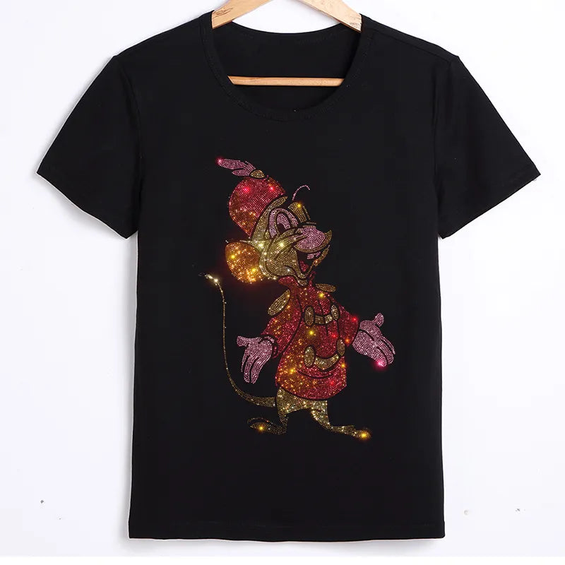 Women's Summer Short Sleeves T Shirts Cartoon Print Rhinestones