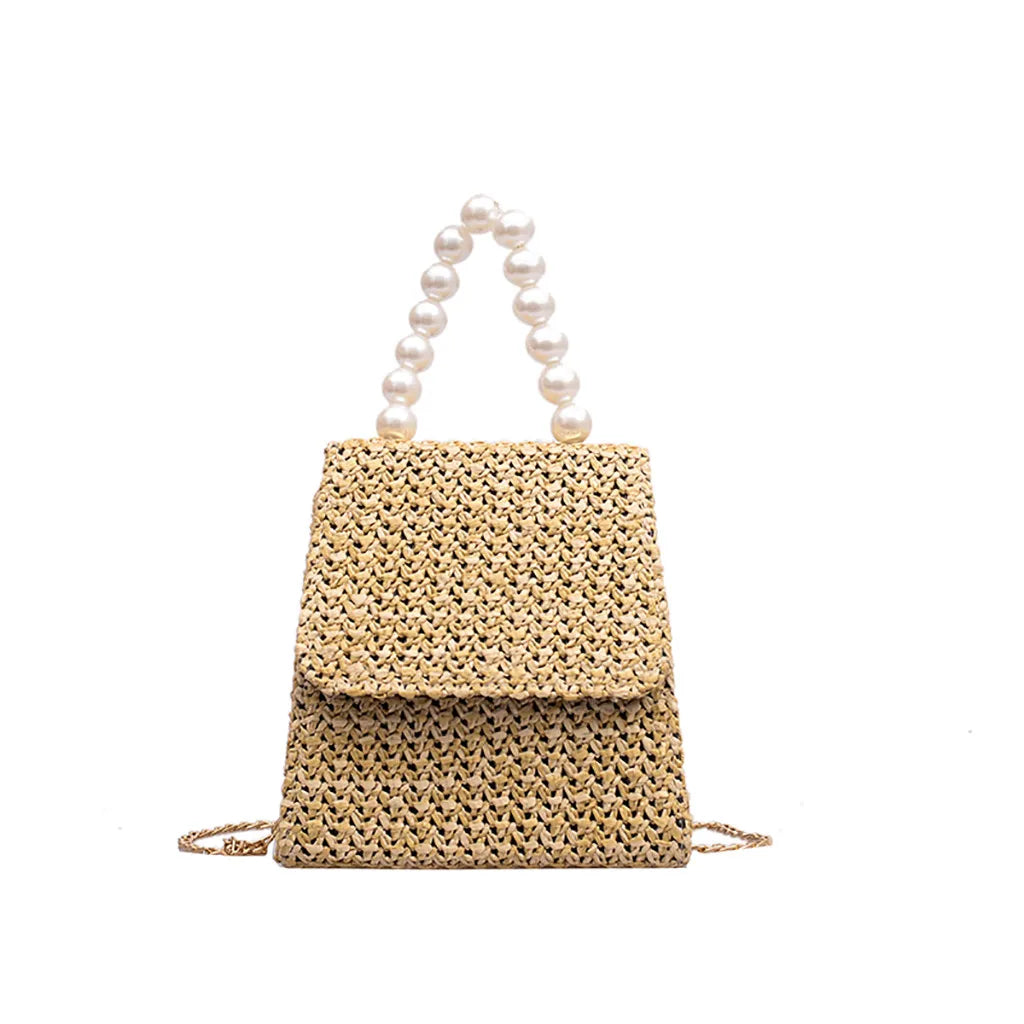 Summer Beach Straw Bag Crossbody Bags for Women 2022 Pearl Woven Rattan Women