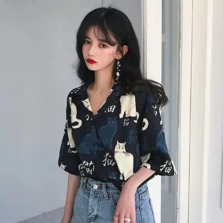 Summer Women Tops Harajuku Blouse Women Dragon Print Short Sleeve Shirt