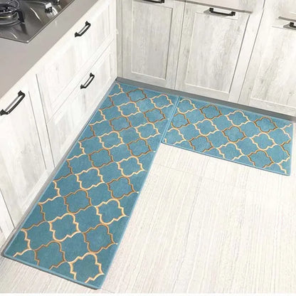 Anti-Slip Kitchen Floor Mat Blue Lattice Rug Bath Long Strip Absorption Doormat