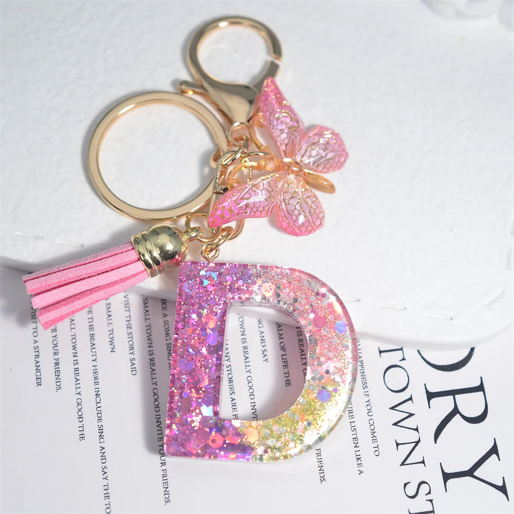 Cute Resin A-Z Initials Letter Keychain Pink Sparkle Butterfly Tassel Pendant