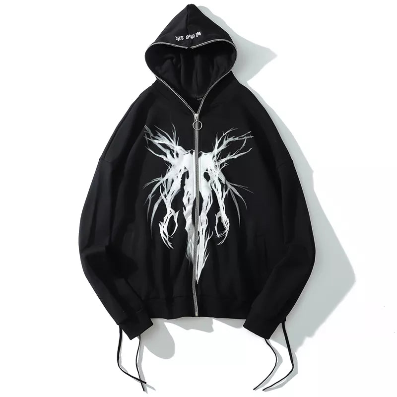 Aolamegs Punk Graphic Print Zipper Ribbon Hooded Hoodie Men Casual Black Cool