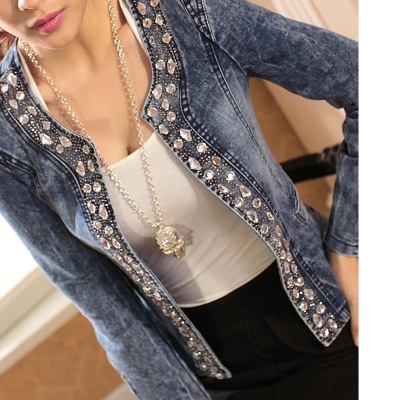 FMFSSOM New Spring Antumn Denim Jackets Vintage Diamonds Casual Coat