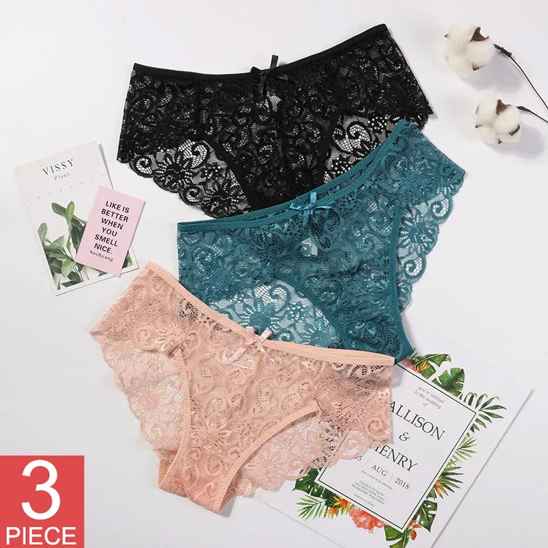 3pcs/Set Women Underwear Sexy Lace Transparent Panties Tempting Pretty Briefs