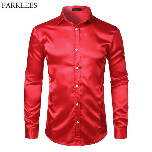 Men's Slim Fit Silk Satin Dress Shirts Wedding Groom Stage Prom Shirt