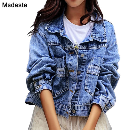 Women Denim Bomber Long Sleeve Jaqueta Tops Loose Vintage Jacket