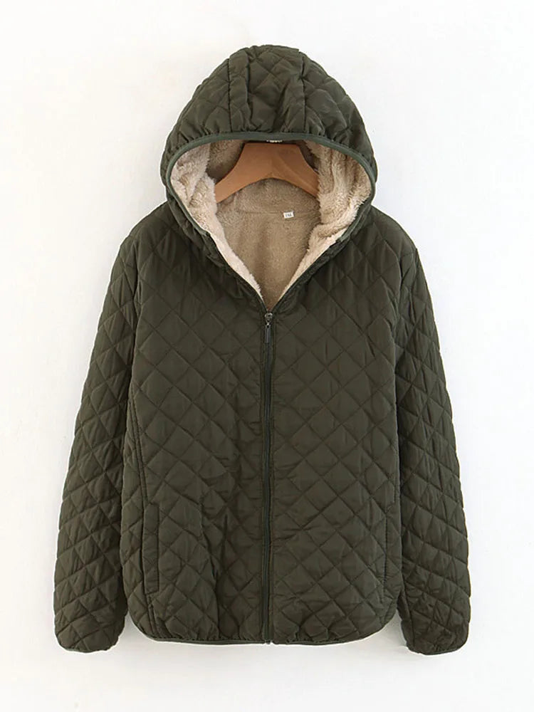 Women Autumn Winter Parkas Coat Jackets Female Lamb Hooded Plaid Long