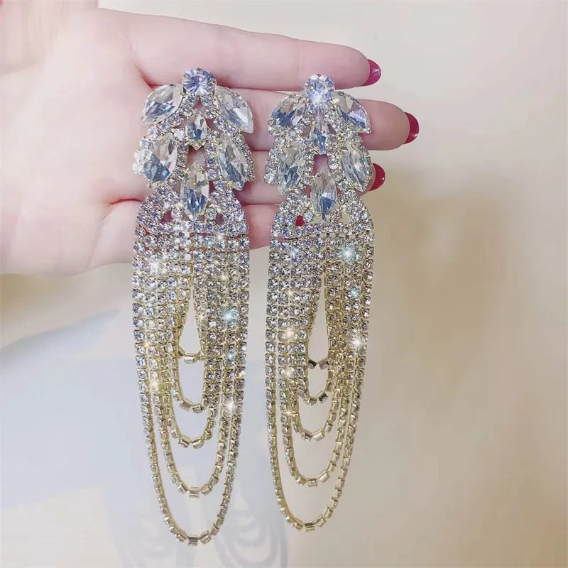 FYUAN Geometric Crystal Earrings Oversize Long Tassel Rhinestone Earrings