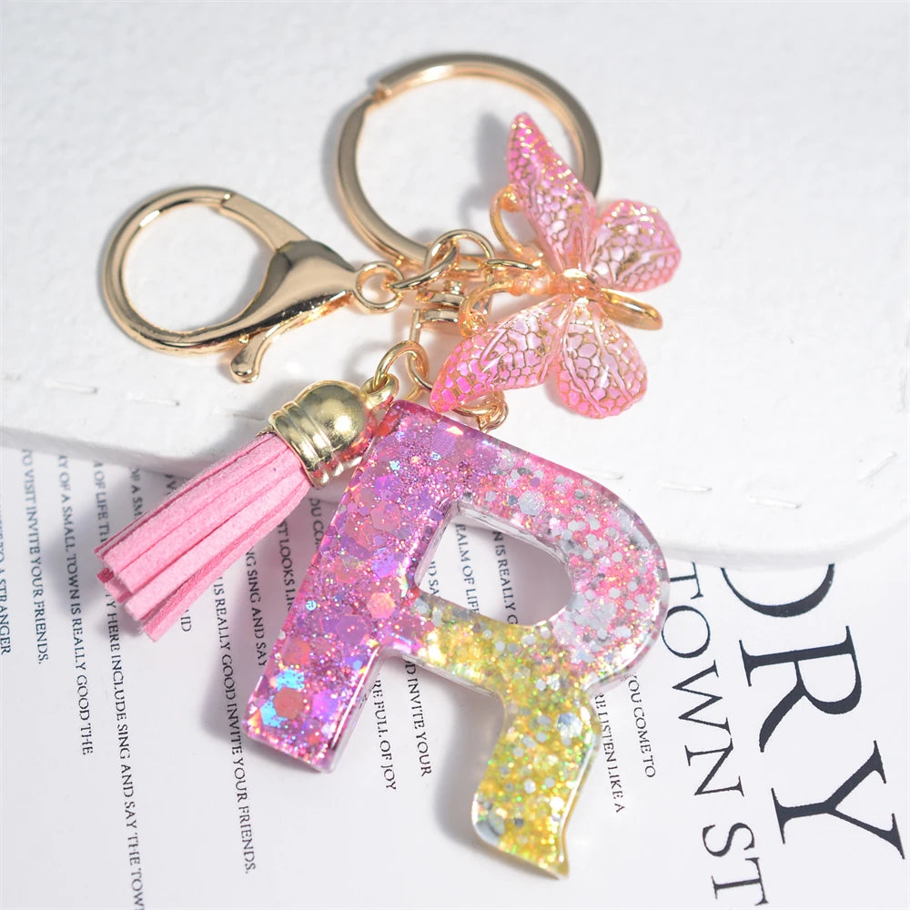 Cute Resin A-Z Initials Letter Keychain Pink Sparkle Butterfly Tassel Pendant