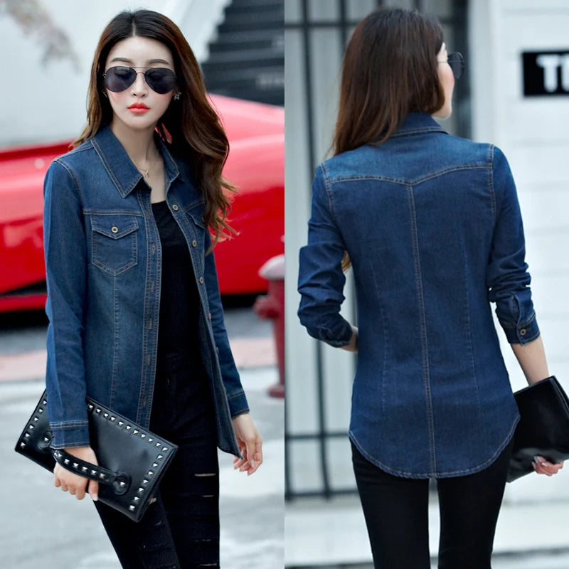 Jeans Shirt Women Long Sleeve Slim Casual Vintage Elastic Ladies Denim Shirts