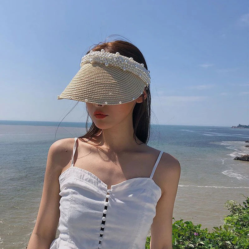 2022 New Pearls Women Summer Hat Female Elegant Pearl Straw Sun Hat