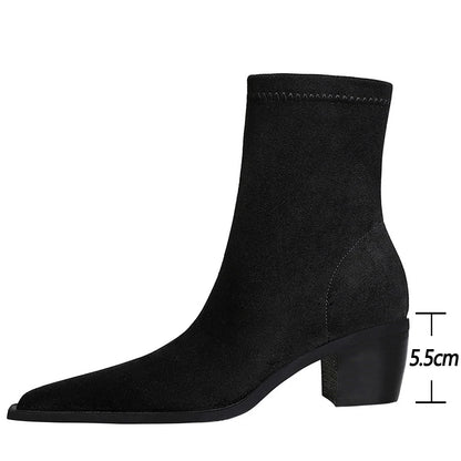 Suede Women Ankle Boots Autumn Shoes Pointed Toe Boots Thick Heel Short Boots