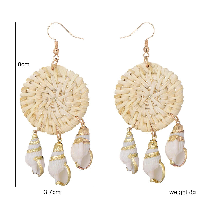 New Beach Sea Natural Shell Charms Bamboo Braid Drop Earrings Bohemian Rattan