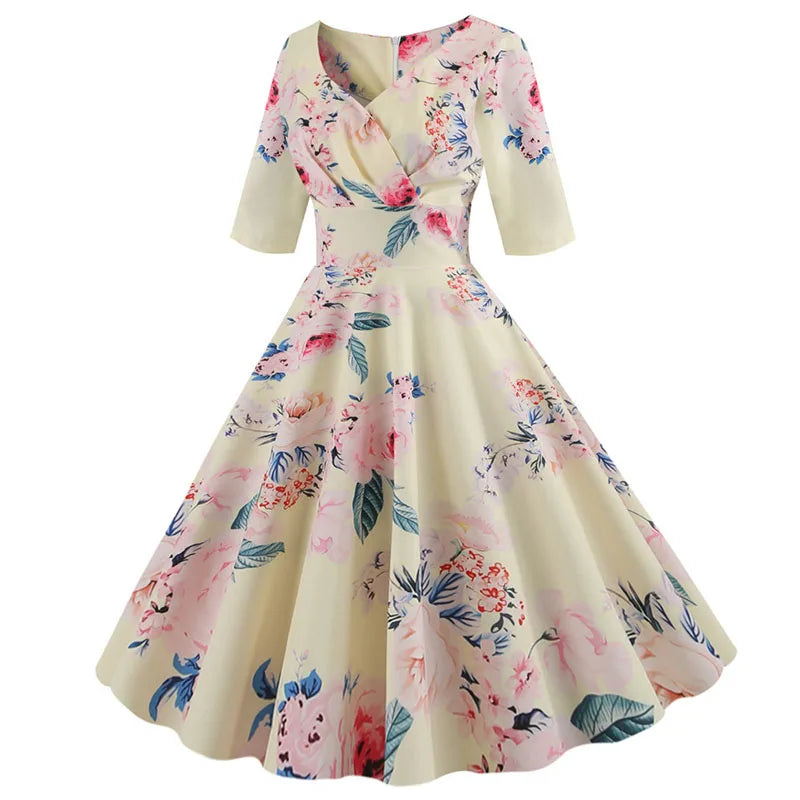 Women Flower Print Autumn Dress Casual Winter Half Sleeve