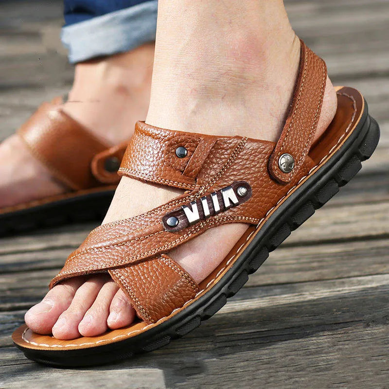 Men's Beach Shoes Sandals Cow Quality Genuine Leather Non-Slip Men's Slippers