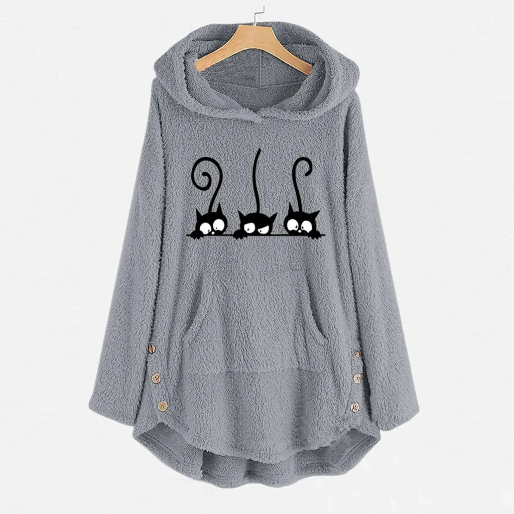 Cardigan Womens Fleece Cat Embroidery Plus Size Warm Oversized Hoodies