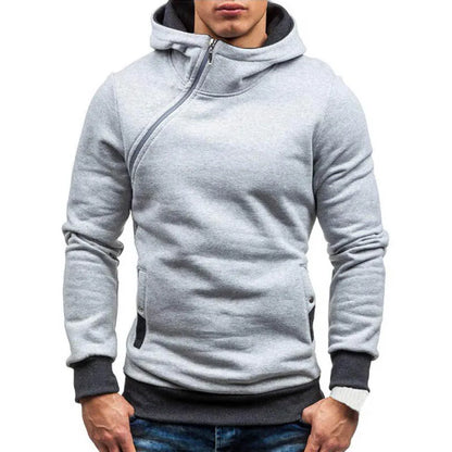 New Casual Solid Mens Hoodies Diagonal Zipper Long Sleeve Hoodie Sweatshirts Men