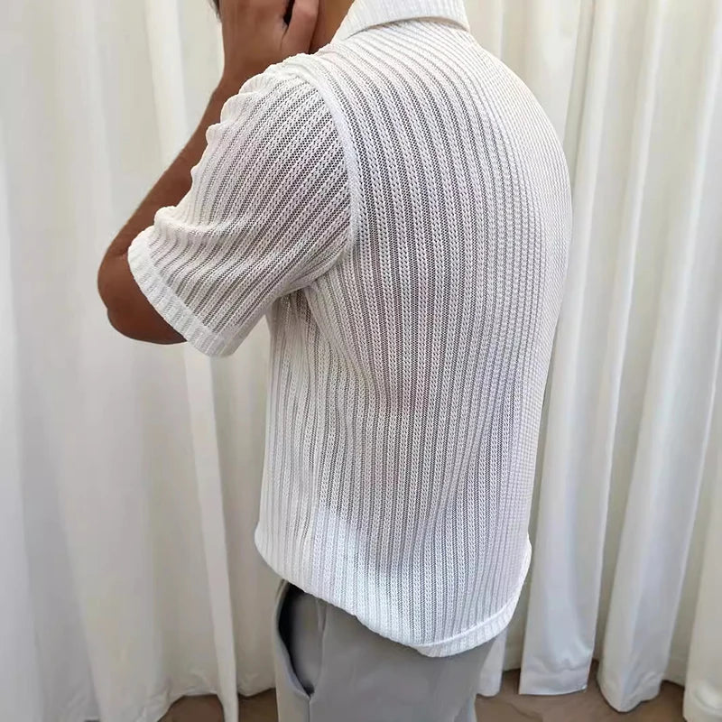 Casual Hollow Out Knitting Shirts for Mens Summer Fashionable See Through Mesh