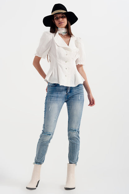 Poplin Frill Detail Wrap Blouse in Cream