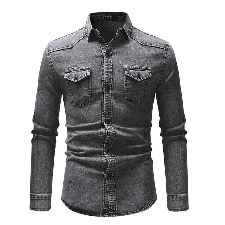 High Quality Long Sleeve Denim Shirt Men Spring Solid Color Cotton Jeans Shirt