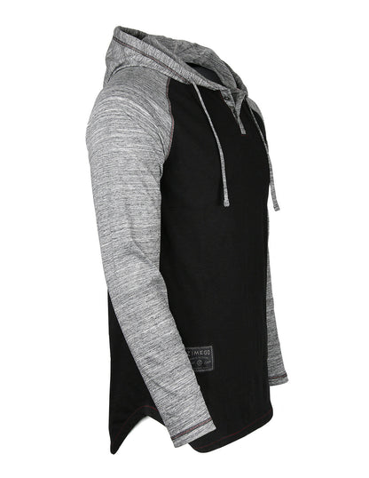 ZIMEGO Long Sleeve Raglan Henley Round Bottom Hood T-Shirts - BLACK / BLACK