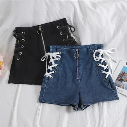 Spring Autumn Women Jeans Shorts Tie High Waist Denim Shorts