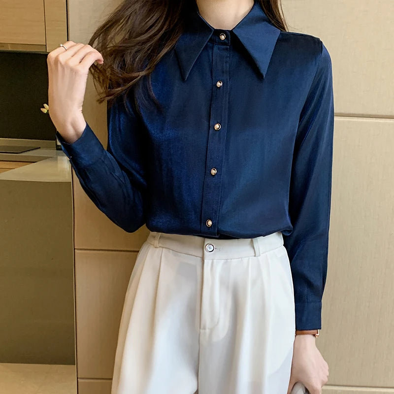 Korean Silk Women Shirts Satin Blouses Women Long Sleeve Shirts