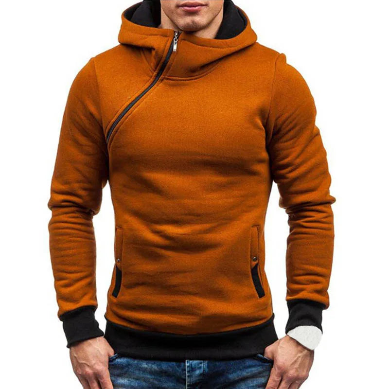 New Casual Solid Mens Hoodies Diagonal Zipper Long Sleeve Hoodie Sweatshirts Men