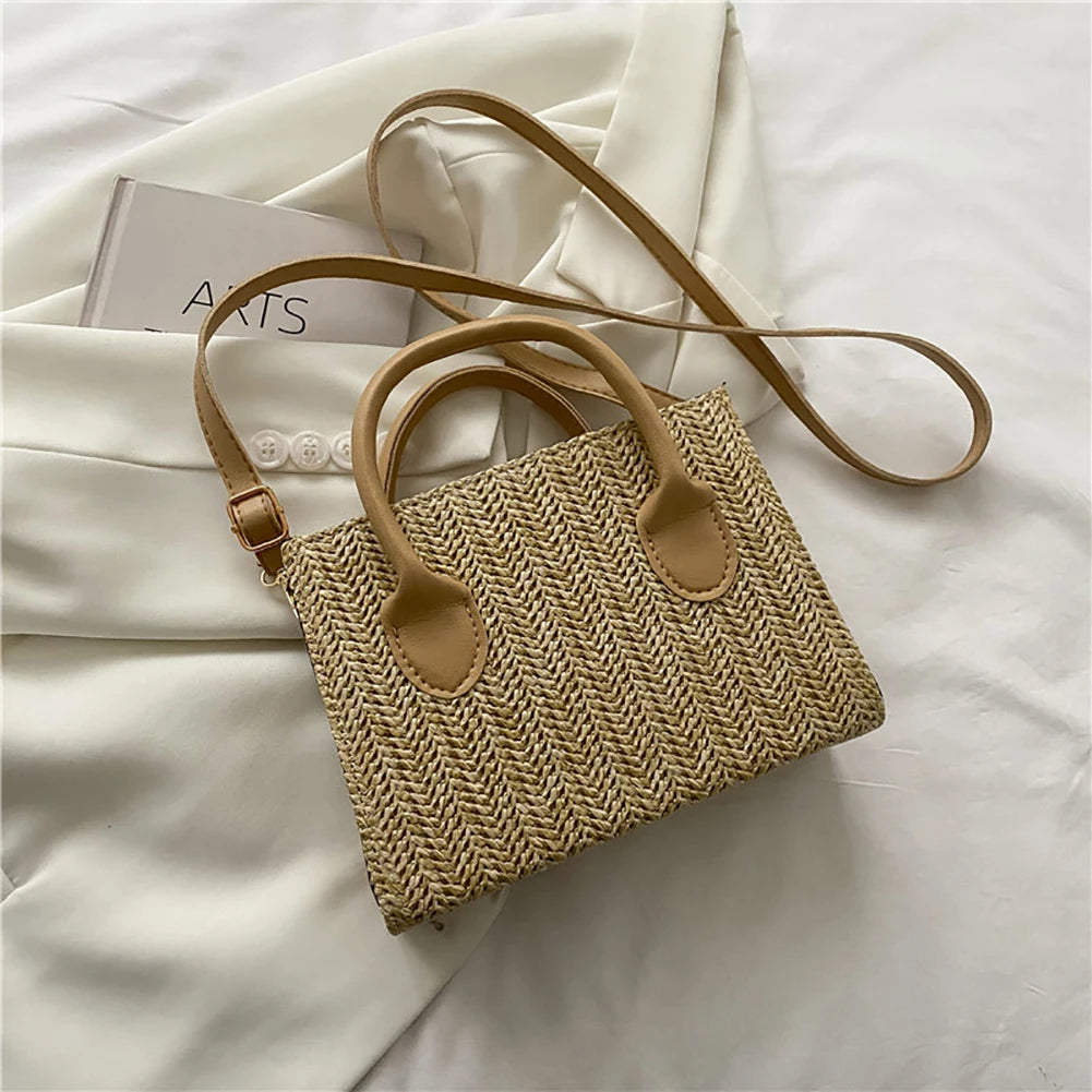 Summer Beach Straw Crossbody Bags Small Top-Handle Bags Handmade Woven Leather