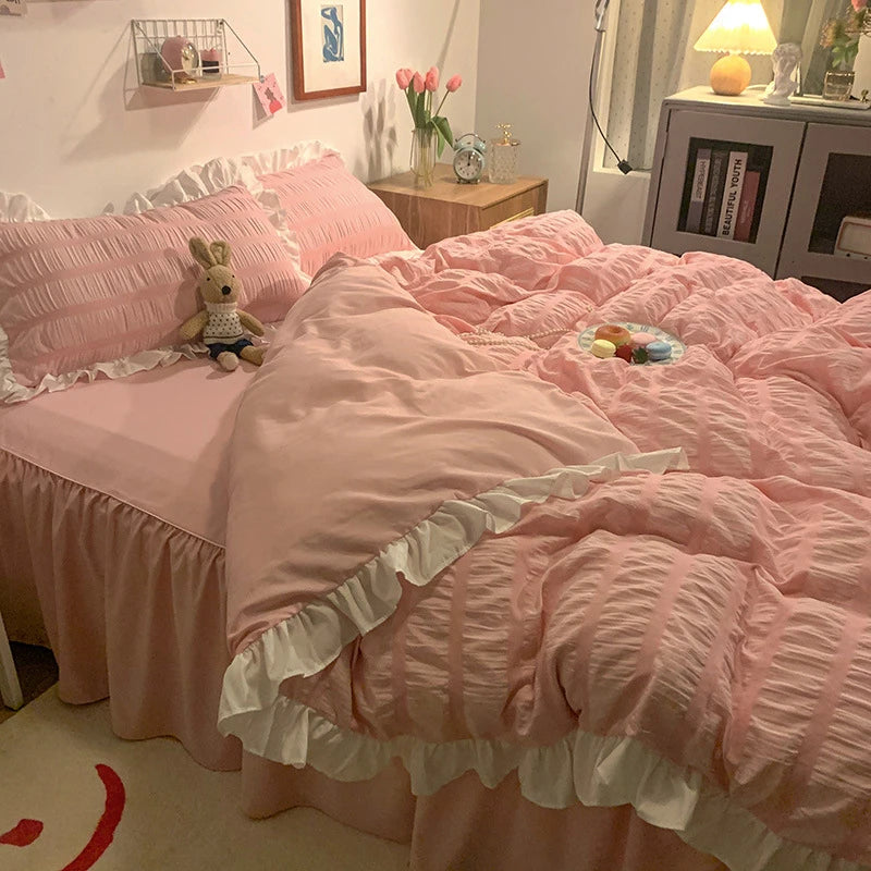 Princess Style Seersucker Ruffles Kawaii Bedding Set