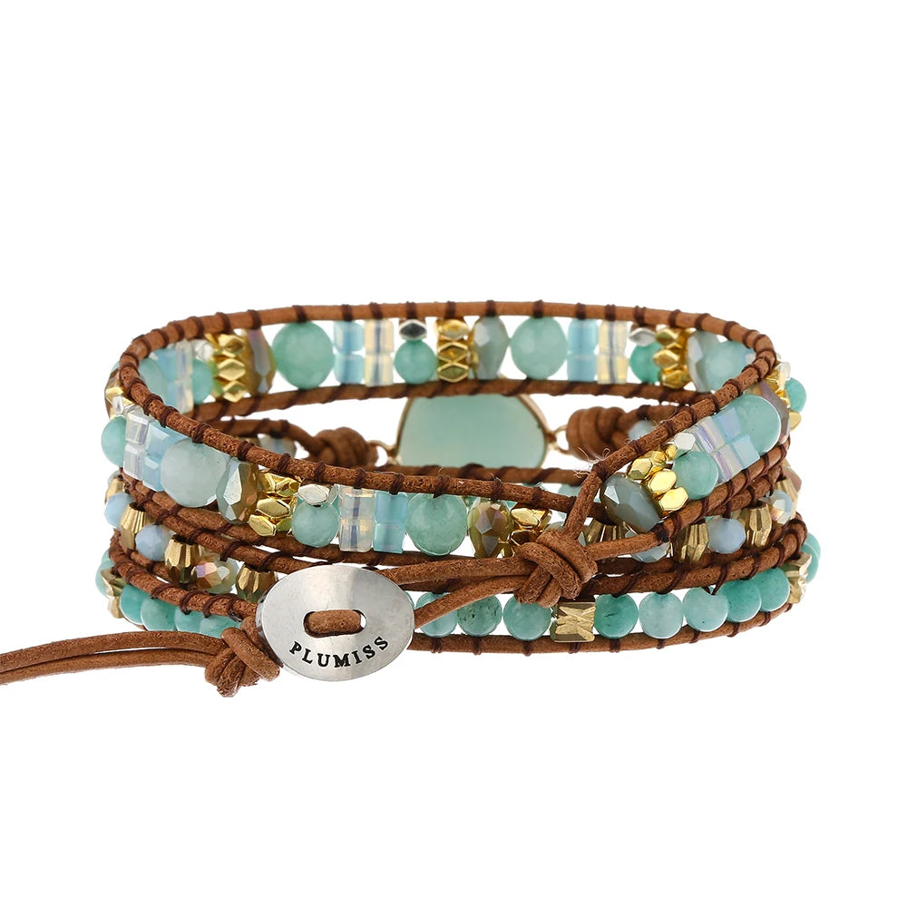 Heart Amazonite Bracelet Natural Stone Leather Wrap Bracelets Gemstones