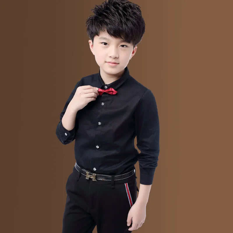 New Children Boys Shirts Cotton Solid Black&White Shirt With Tie Boys for 3-15