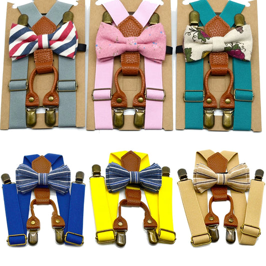 Soild Color Children Belt BowtiePrinted Bow Tie Set Baby Boys Suspenders Clip