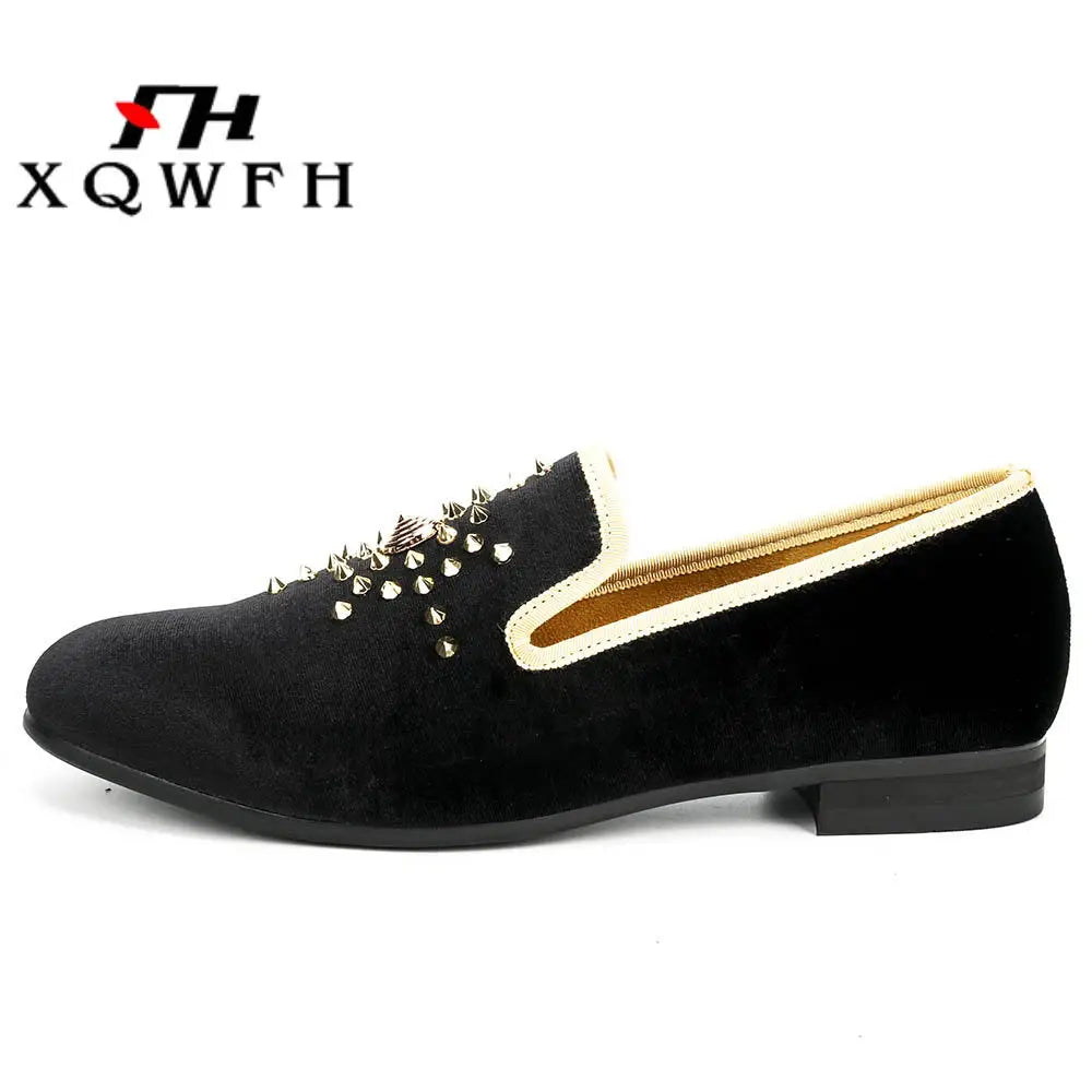 XQWFH Men Velvet Loafers Gold Top and Metal Toe Mens Dress Shoes Wedding Party