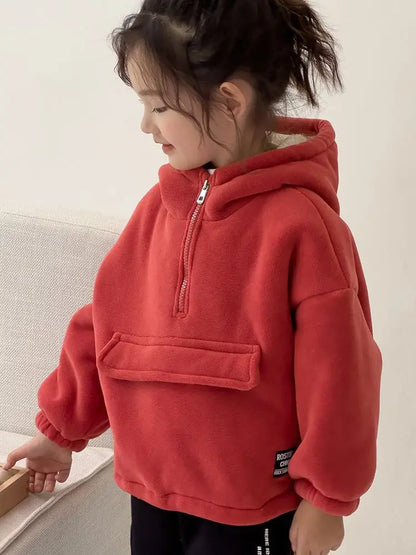 Winter Warm Baby Girls Boys Plain Polar Fleece Half Zip Hooded Sweat Jacket