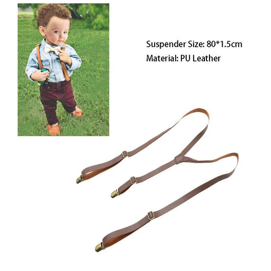 3 Clips Y Back Kid Brown Tan Leather Suspender