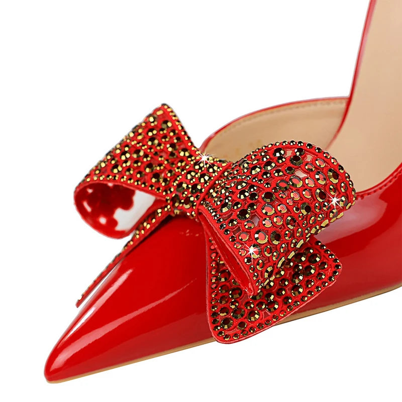 Luxury Pumps Women 10.5cm Heels Rhinestone Bowknot Lady Heels Stilettos Patent