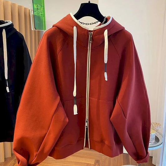 Oversized Hoodies Women Fashion Design With Double Zipper Jacket