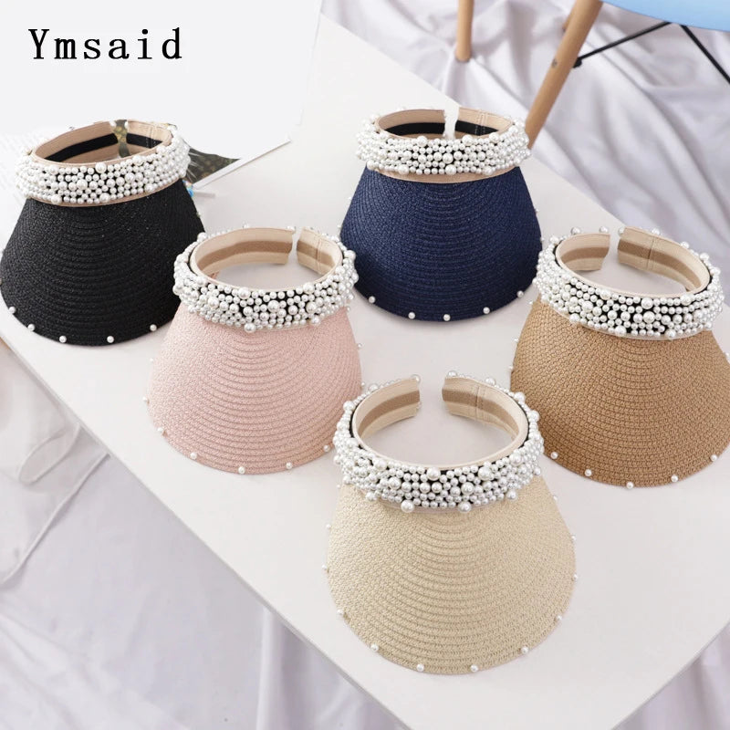 2022 New Pearls Women Summer Hat Female Elegant Pearl Straw Sun Hat