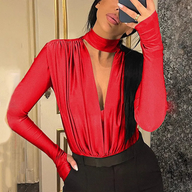 GACVGA 2023 New v Neck Pleated Women's Bodysuit