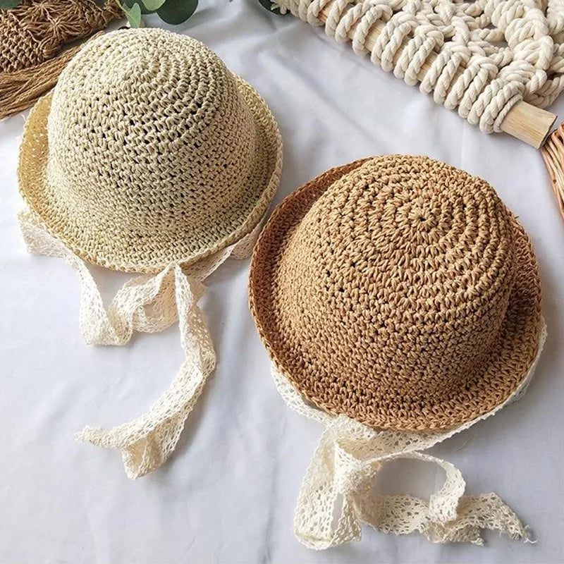 Summer Korean Baby Boy Girl Straw Hats Lace Strap Crochet Children