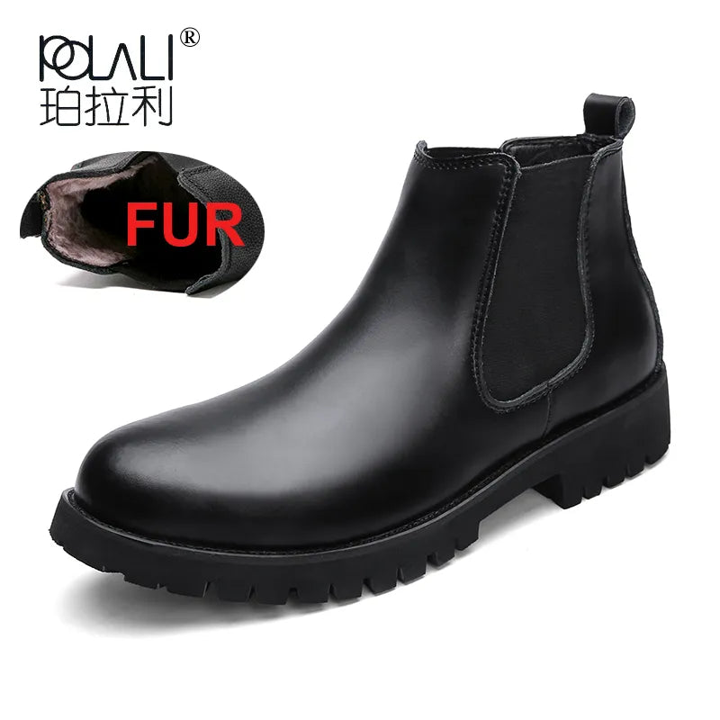 Chelsea Boots Men Winter Shoes Black Split Leather Boots Mens Warm Footwear