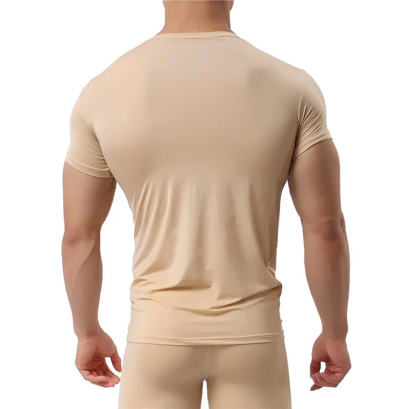 Man Undershirt Ice Silk Spandex Sheer T Shirts Male Nylon V-Neck Short Sleeves